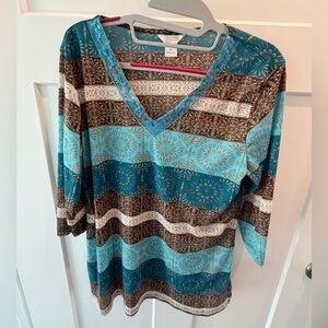 Christopher & Banks XL V-Neck 3/4 Sleeve Boho Tile Print Top Teal Brown